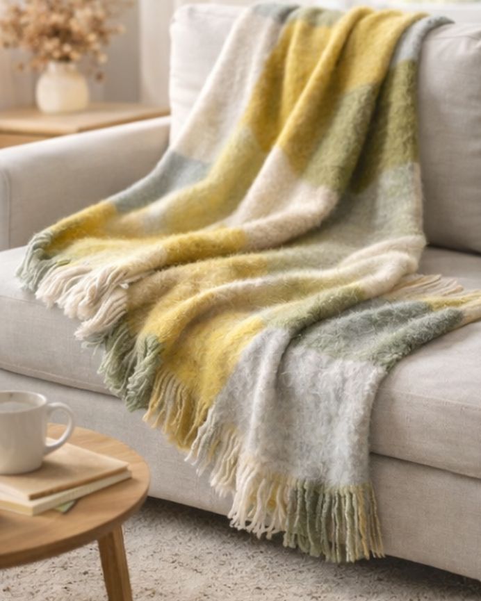 Manta para sofá de cuadros mostaza 125x150cm