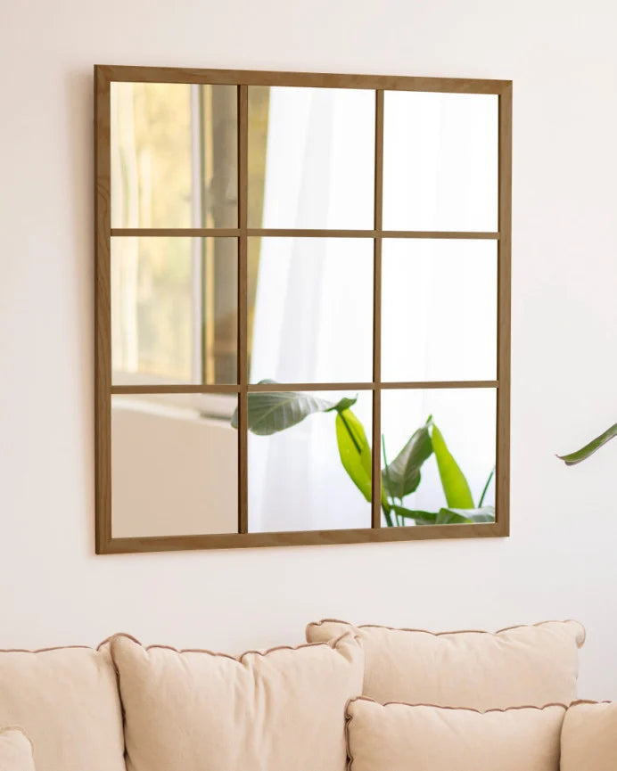 Espejo de pared tipo ventana elaborado con madera 90x90 cm