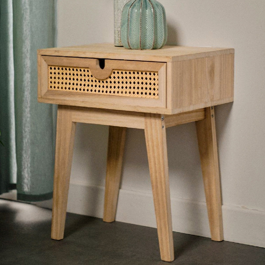 Mesita de Noche de Madera y Ratán Natural