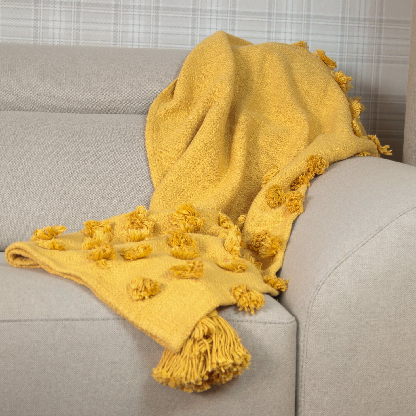 Manta Lia Throw 100% algodón mostaza 130x170cm