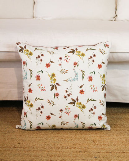 Funda de cojín con estampado floral sobre fondo crudo y reverso rosa 50x50cm de algodón