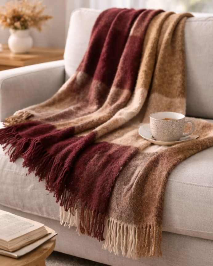 Manta para sofá de cuadros granate 125x150cm