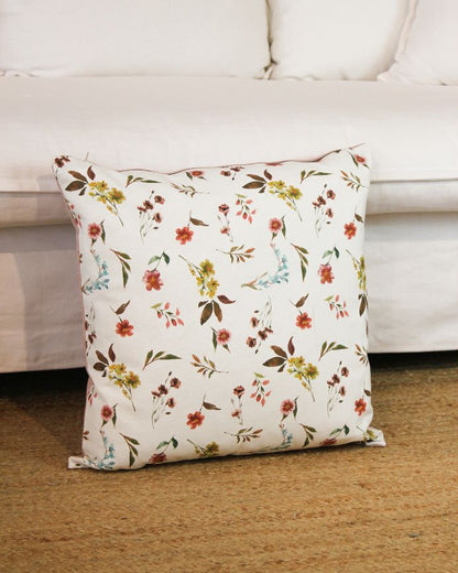 Funda de cojín con estampado floral sobre fondo crudo y reverso rosa 50x50cm de algodón