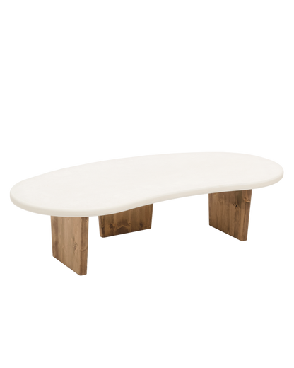 Mesa de Centro de Microcemento blanco roto y patas de madera con formas orgánicas 120cm