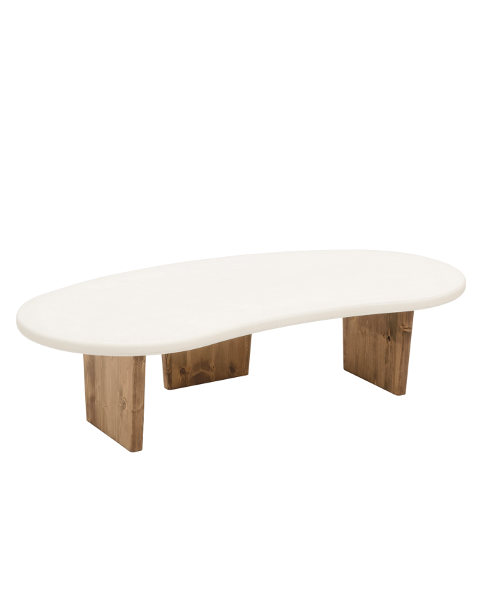 Mesa de Centro de Microcemento blanco roto y patas de madera con formas orgánicas 120cm