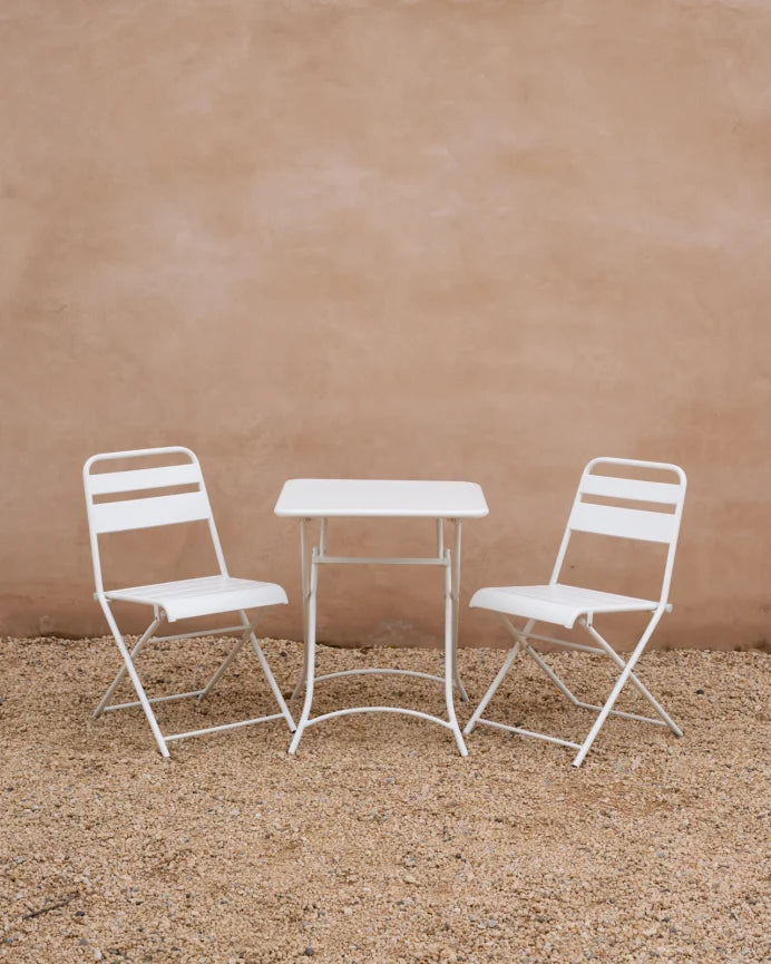 Set de 2 sillas y mesa para exterior, de aluminio en Blanco mate