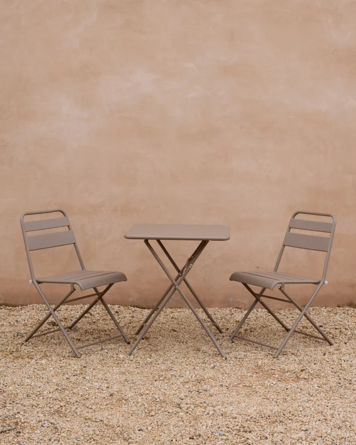 Set de 2 sillas y mesa para exterior, de aluminio en Taupe mate
