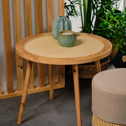 Mesa Auxiliar de Centro Redonda de Madera y Ratán