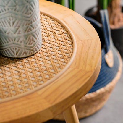 Mesa Auxiliar de Centro Redonda de Madera y Ratán